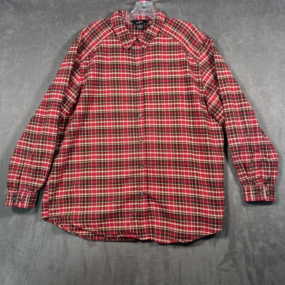 LL Bean Outdoors Womens XL Reg Flannel Red Plaid Shirt Roll up tab Long Sleeve